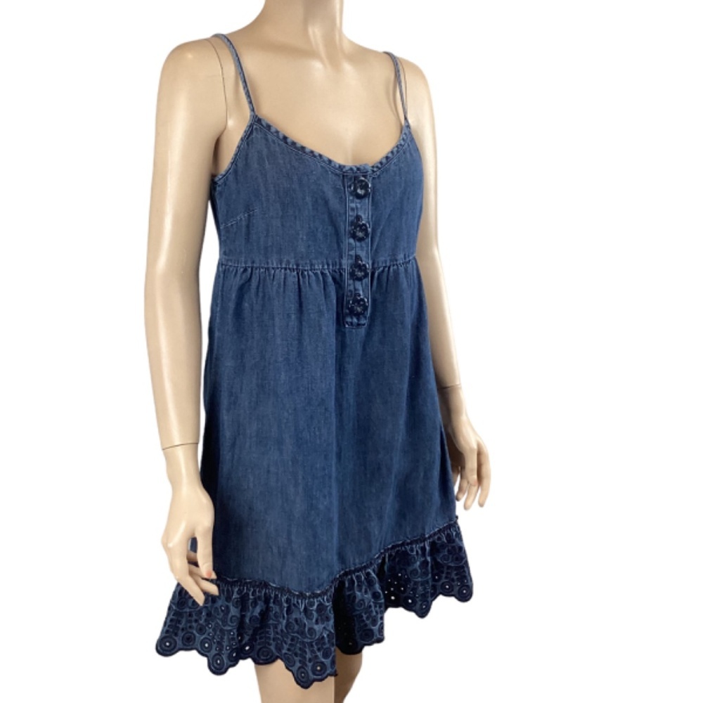 Juicy Couture Linen Blend Dress Size 4 Denim Feel Eyelet Embroidery Trim - Picture 3 of 9